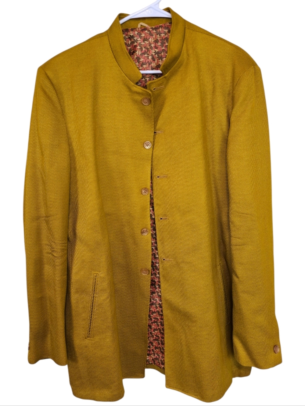 Vintage Nehru Collar Mod Textured Mustard 70's long Button Down Jacket
